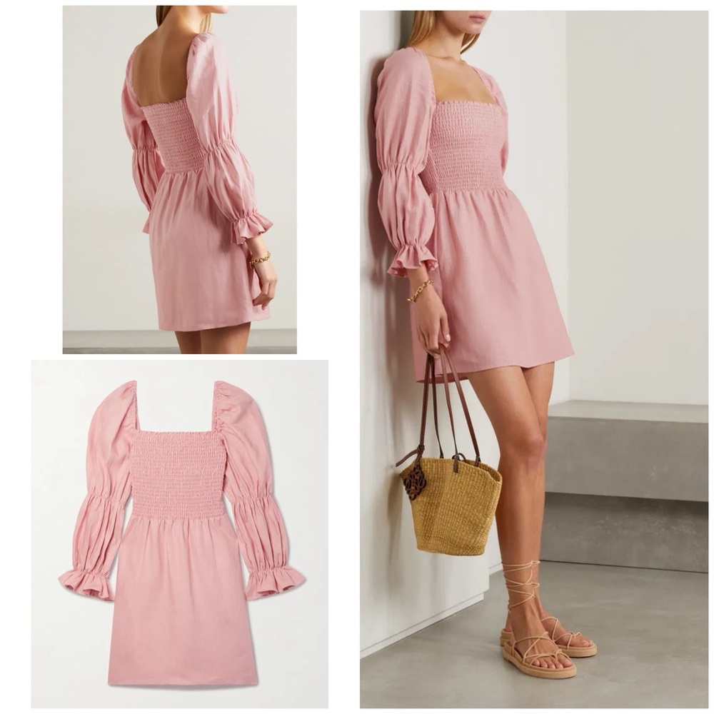 EUC Reformation Zoya 100% Linen Carnation Pink Smocked Cottagecore Dress Latge